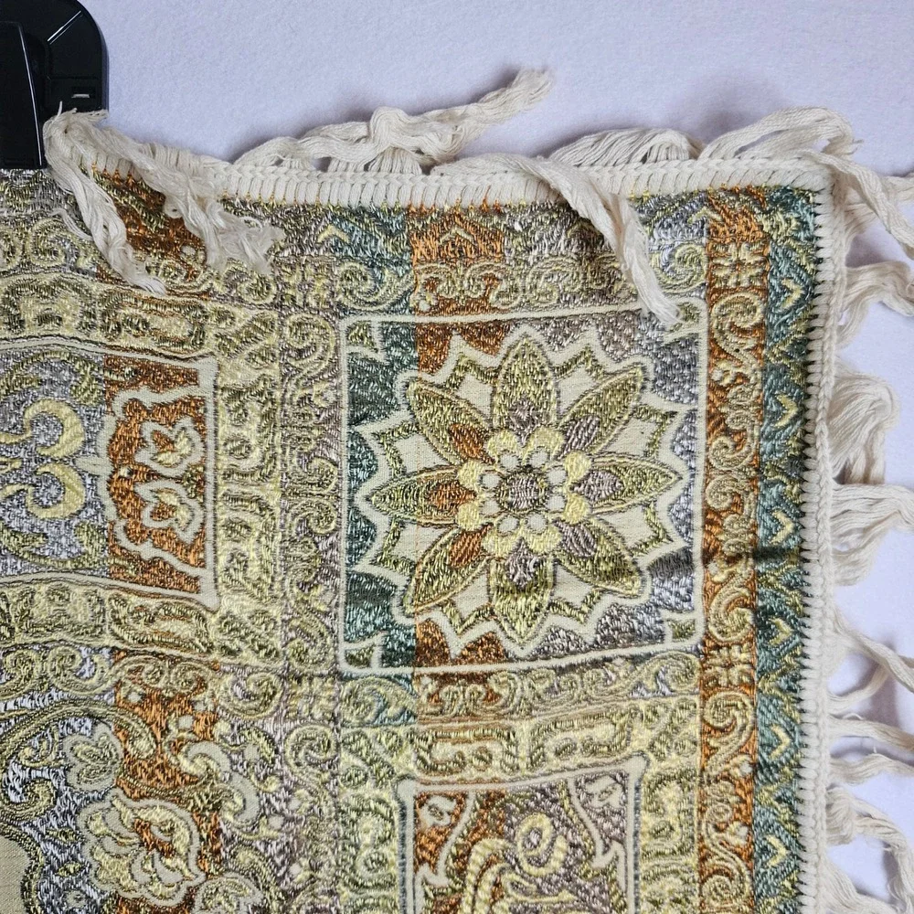 Vtg‎ Spanish Moorish Jacquard Tapestry Metallic Floral Fringe Brocade Arabic